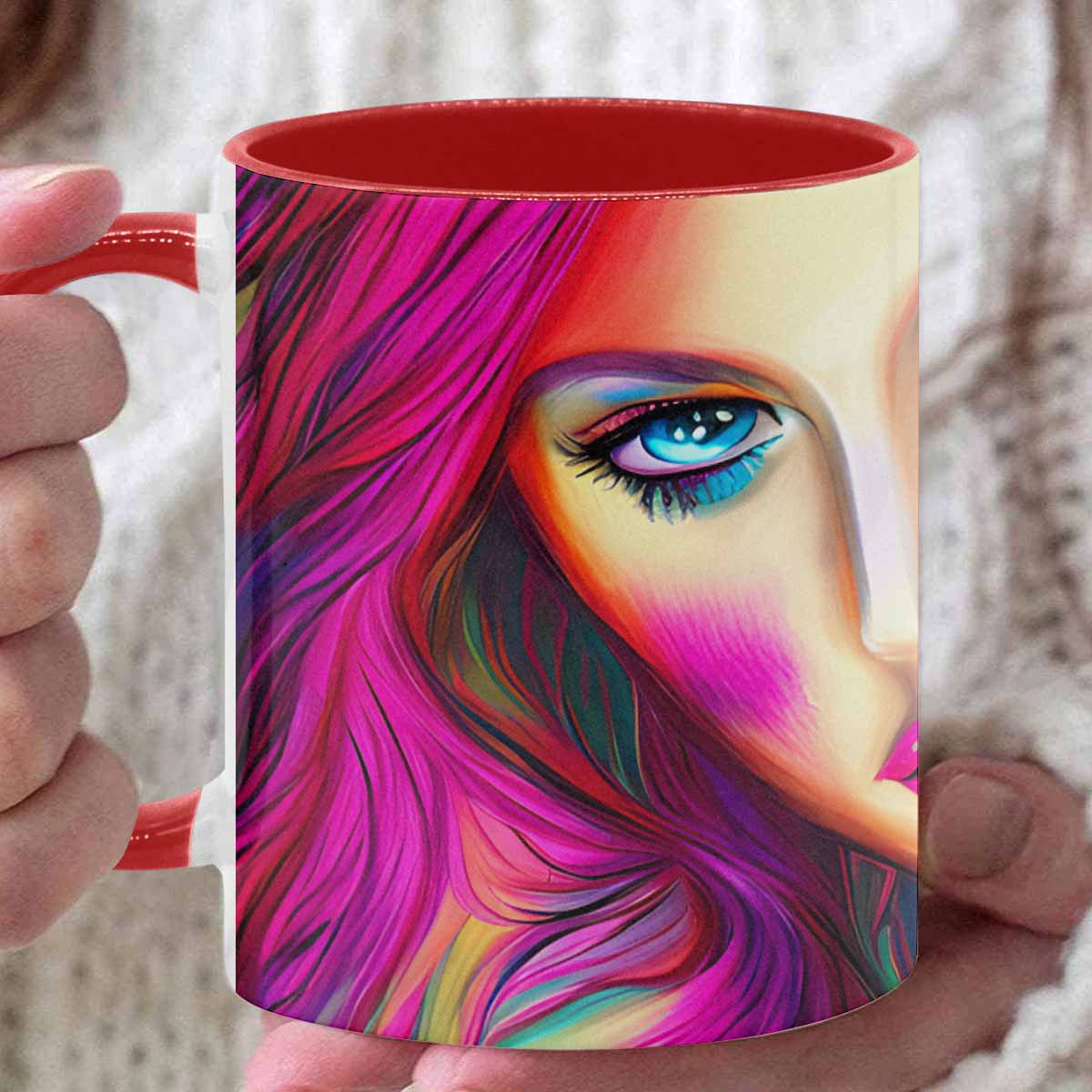 Coffee mug, tea cup, multicolor mug, caucasian type face, design 31