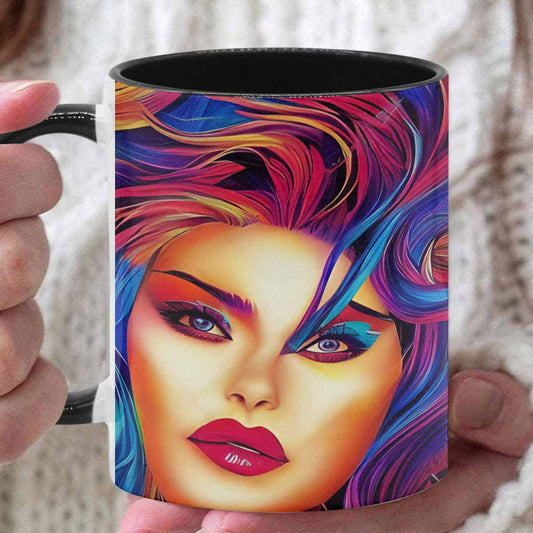 Coffee mug, tea cup, multicolor mug, caucasian type face, design 33