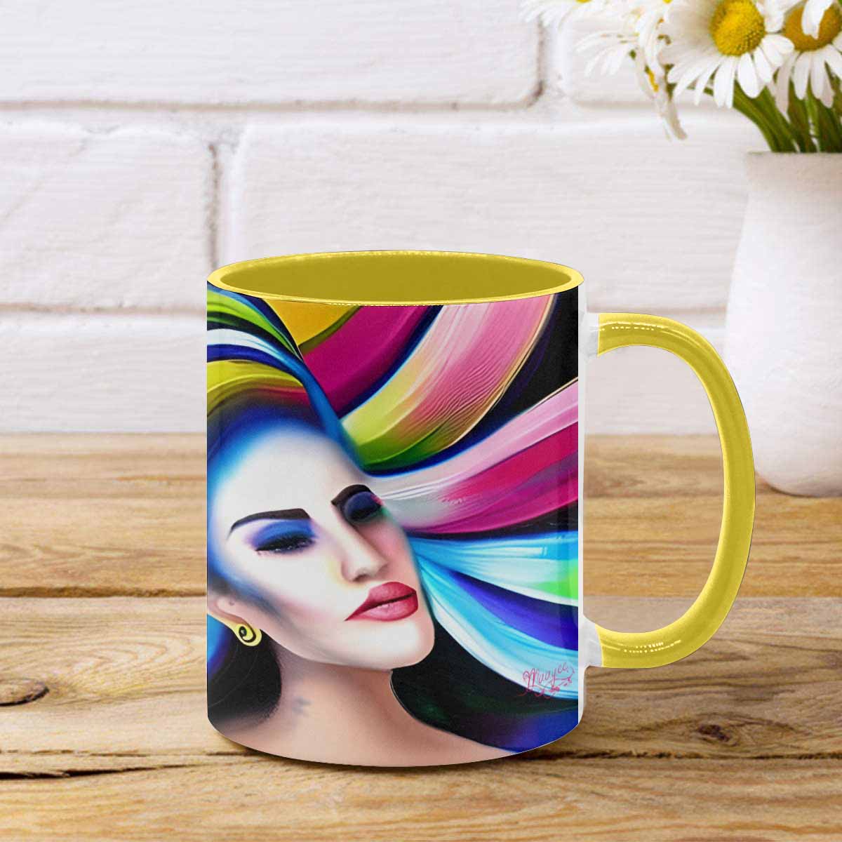 Coffee mug, tea cup, multicolor mug, caucasian type face, design 25