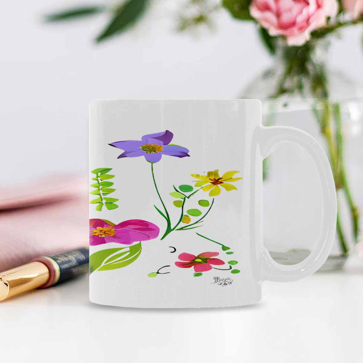 USA made Quality Mug, coffee mug, tea cup, Bright florals, Set 2, design 89