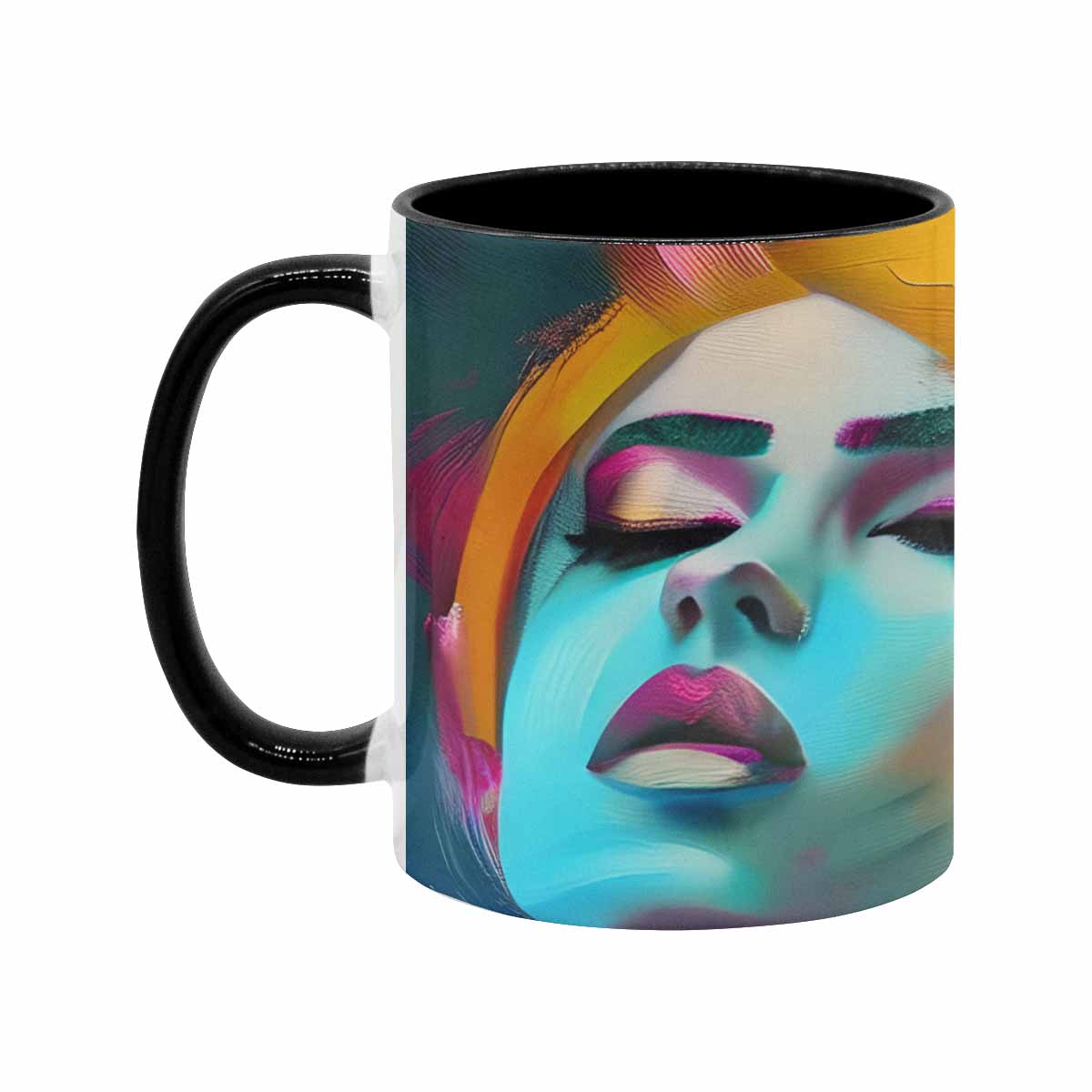 Coffee mug, tea cup, multicolor mug, caucasian type face, design 22