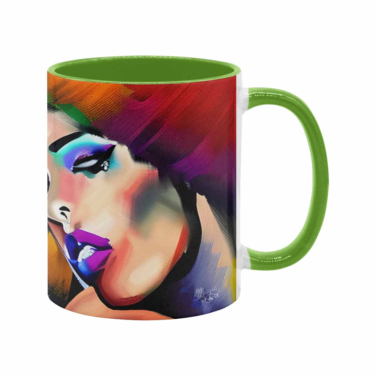 Coffee mug, tea cup, multicolor mug, caucasian type face, design 26