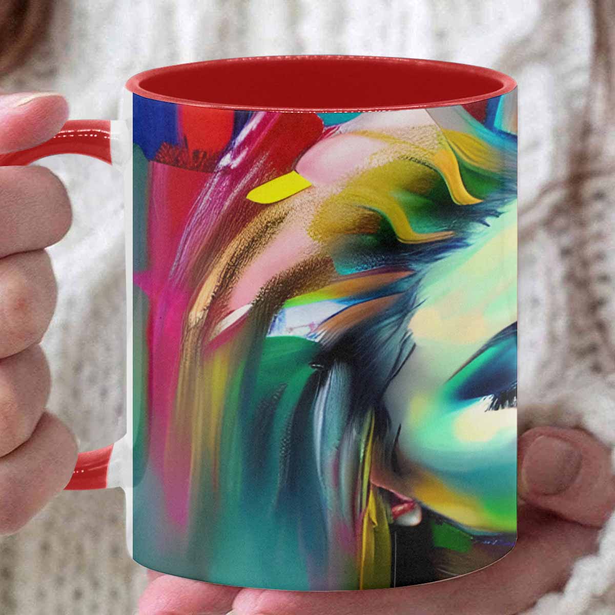 Coffee mug, tea cup, multicolor mug, caucasian type face, design 23