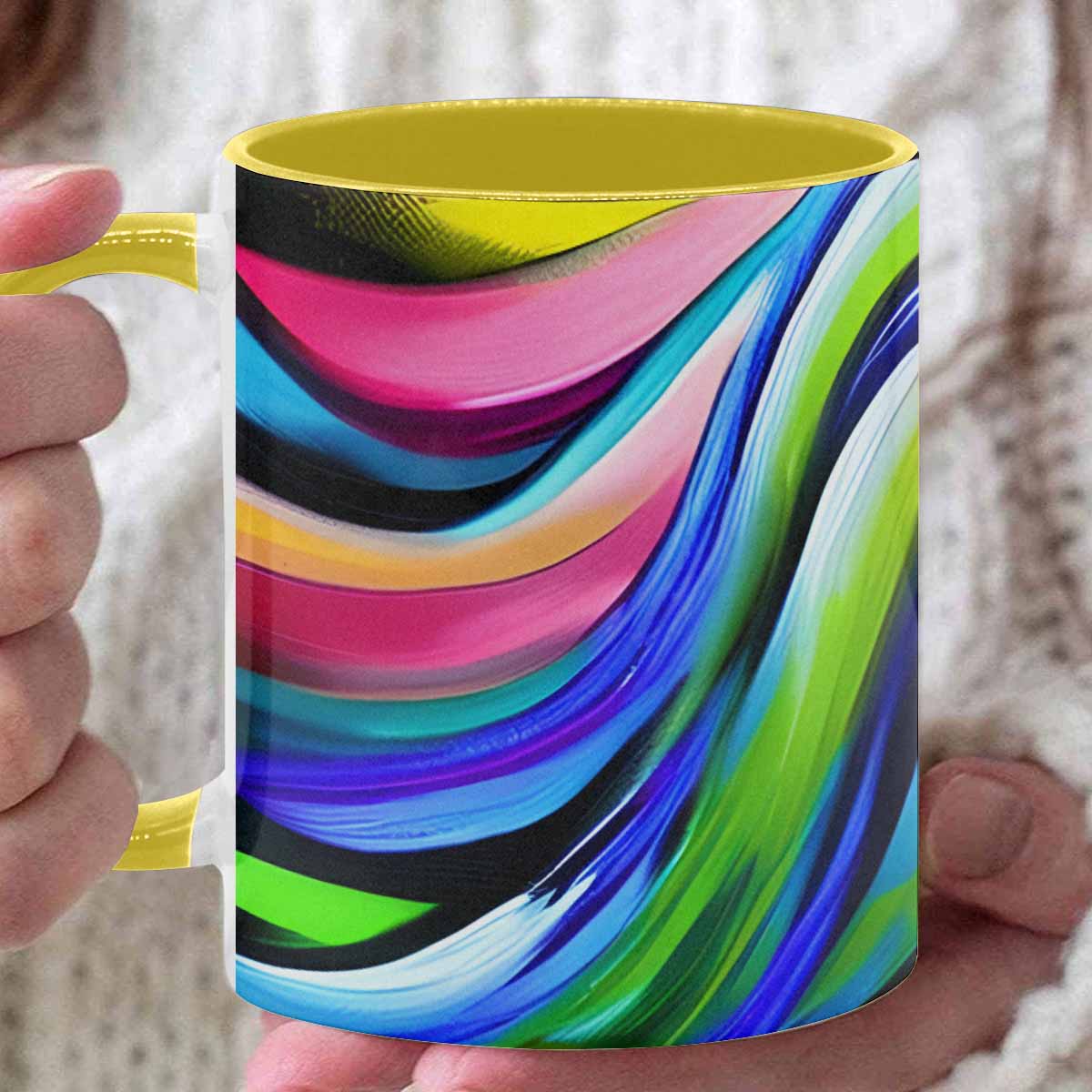 Coffee mug, tea cup, multicolor mug, caucasian type face, design 25