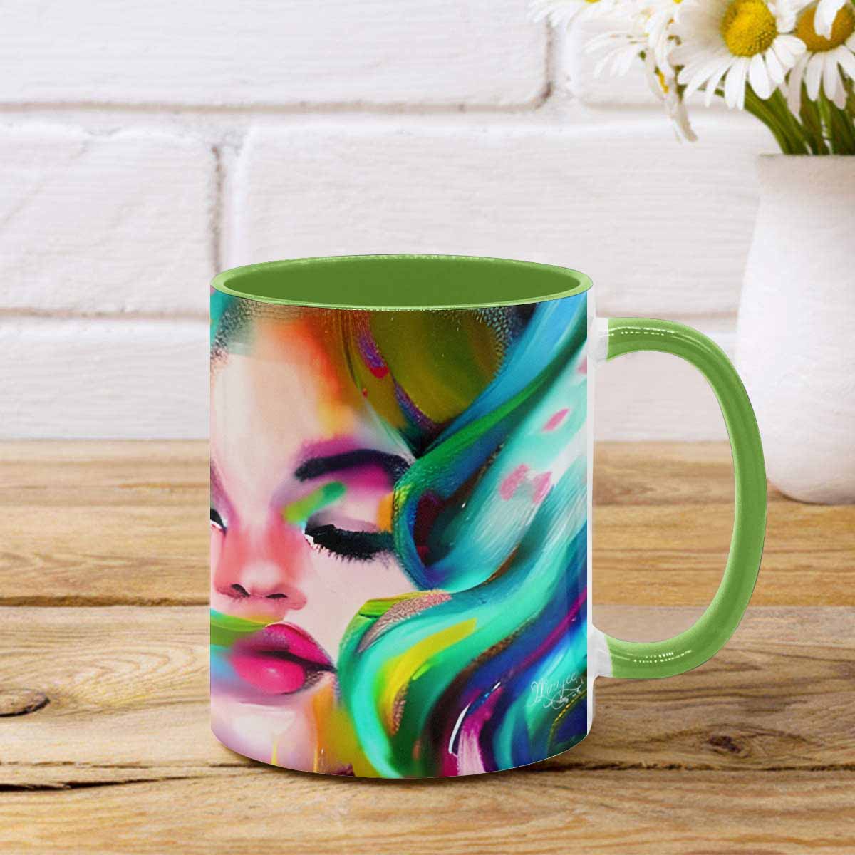 Coffee mug, tea cup, multicolor mug, caucasian type face, design 21