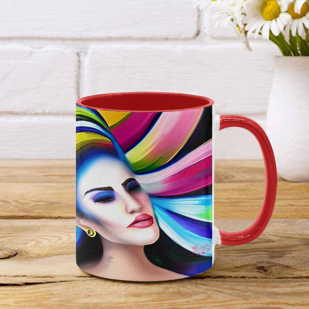 Coffee mug, tea cup, multicolor mug, caucasian type face, design 25