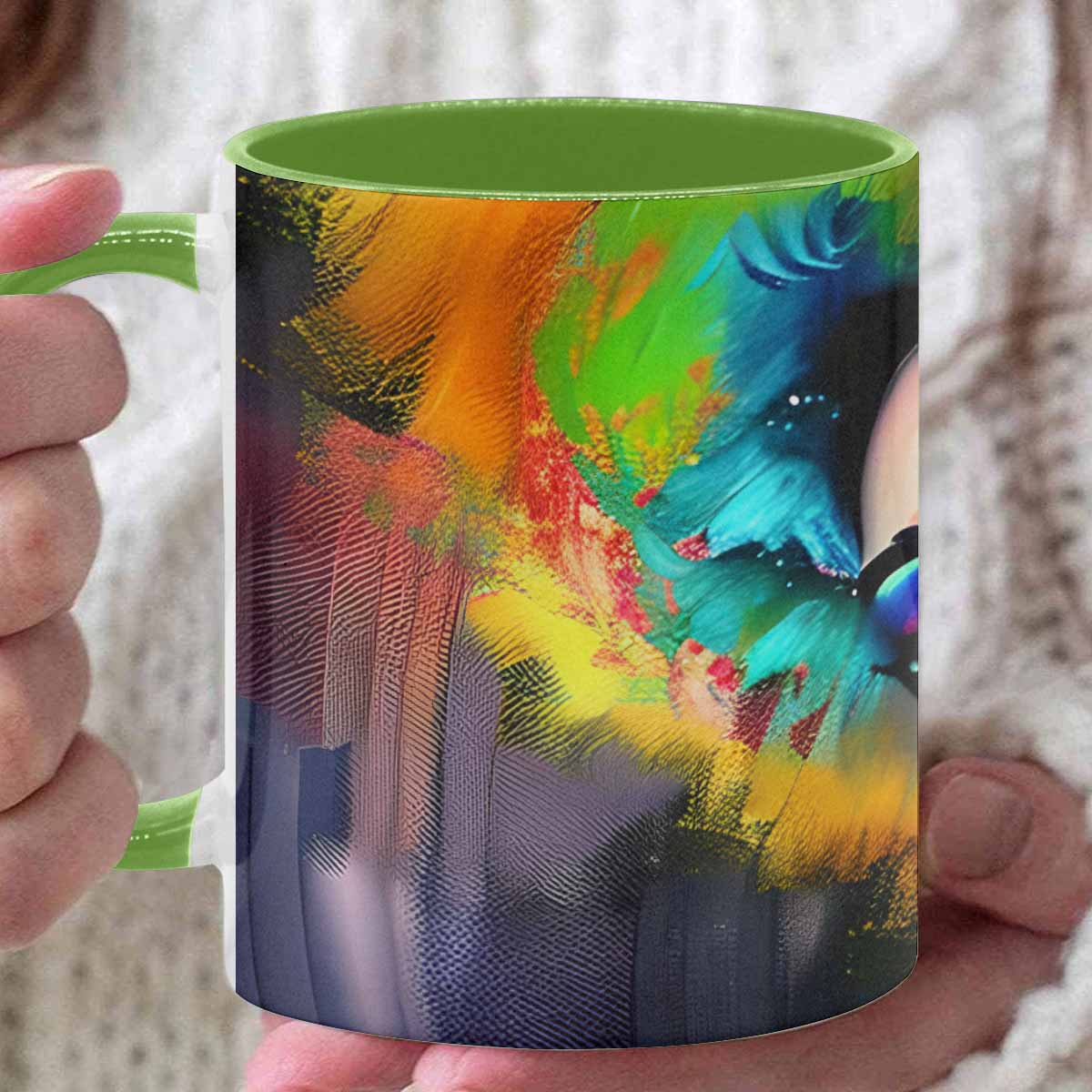 Coffee mug, tea cup, multicolor mug, caucasian type face, design 26