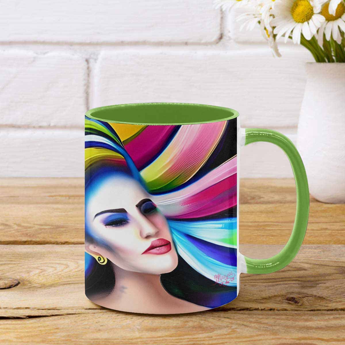 Coffee mug, tea cup, multicolor mug, caucasian type face, design 25