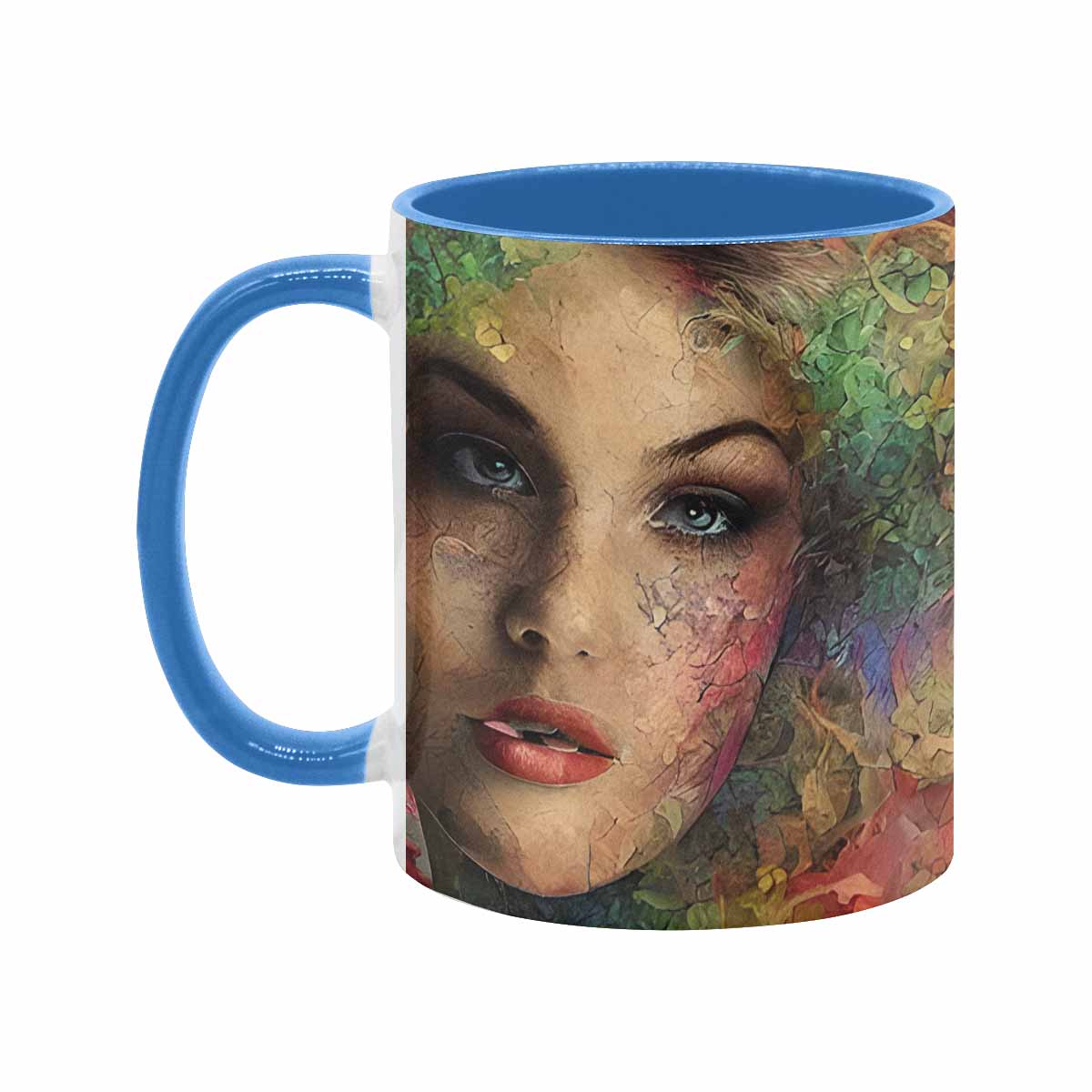 Coffee mug, tea cup, multicolor mug, caucasian type face, design 28