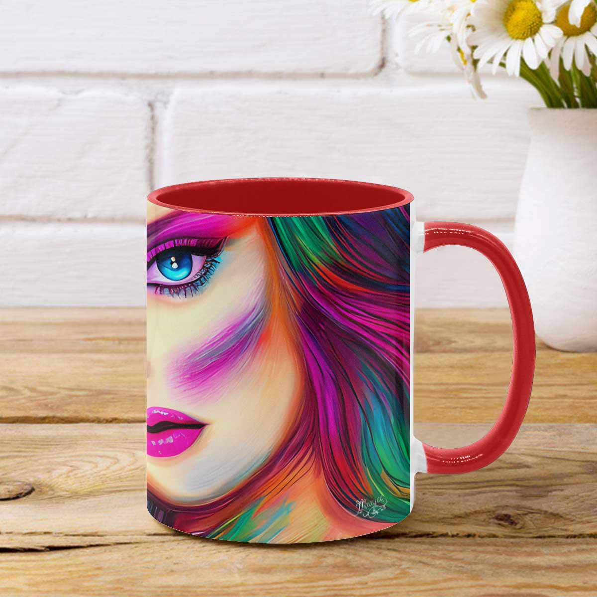 Coffee mug, tea cup, multicolor mug, caucasian type face, design 31