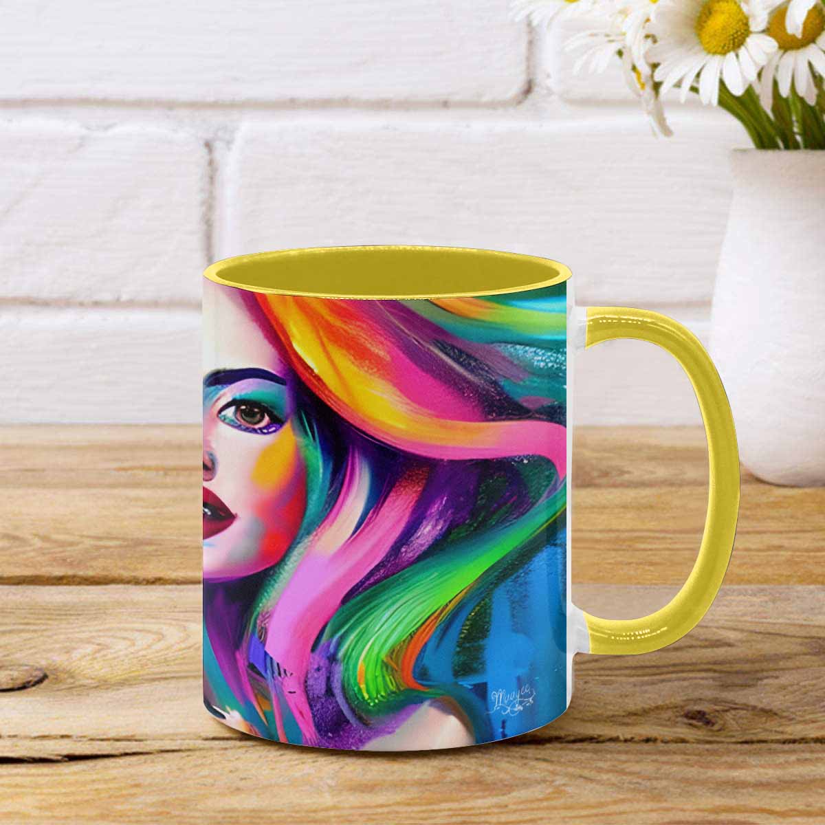 Coffee mug, tea cup, multicolor mug, caucasian type face, design 20