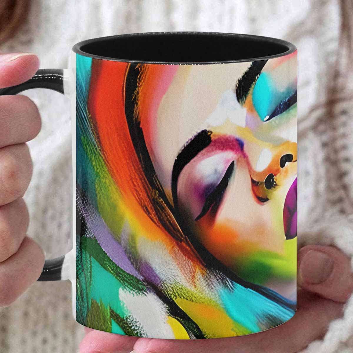 Coffee mug, tea cup, multicolor mug, caucasian type face, design 24