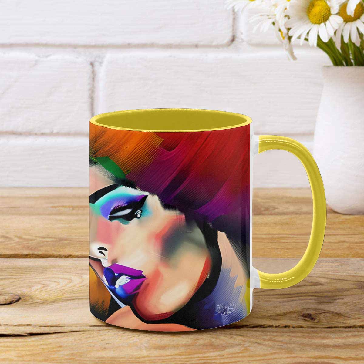 Coffee mug, tea cup, multicolor mug, caucasian type face, design 26