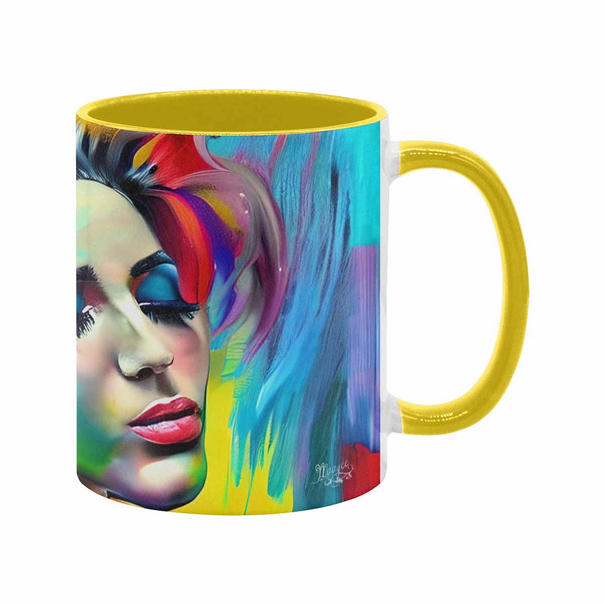 Coffee mug, tea cup, multicolor mug, caucasian type face, design 23