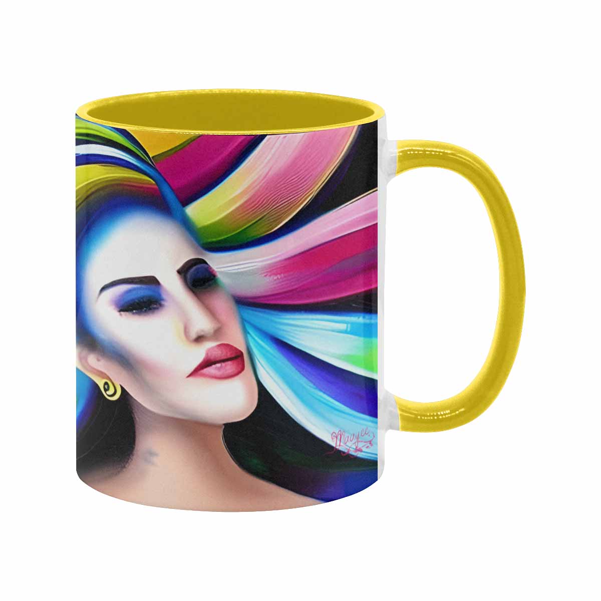 Coffee mug, tea cup, multicolor mug, caucasian type face, design 25