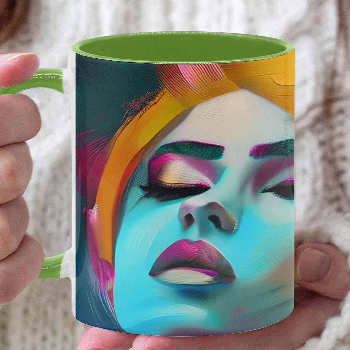 Coffee mug, tea cup, multicolor mug, caucasian type face, design 22