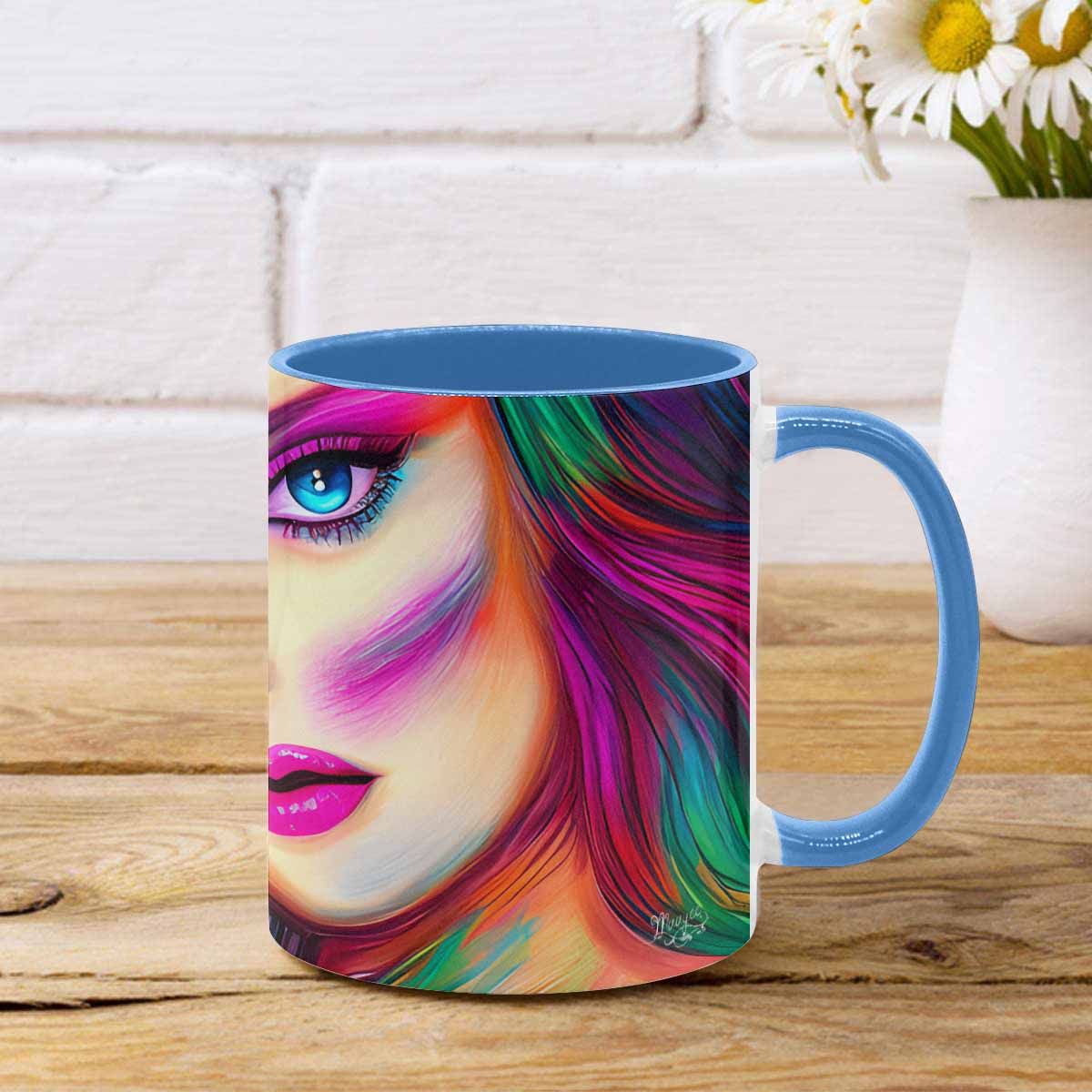 Coffee mug, tea cup, multicolor mug, caucasian type face, design 31