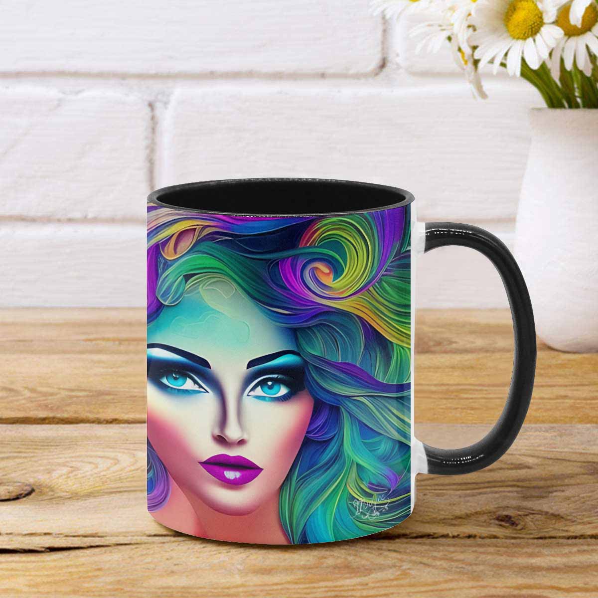 Coffee mug, tea cup, multicolor mug, caucasian type face, design 29