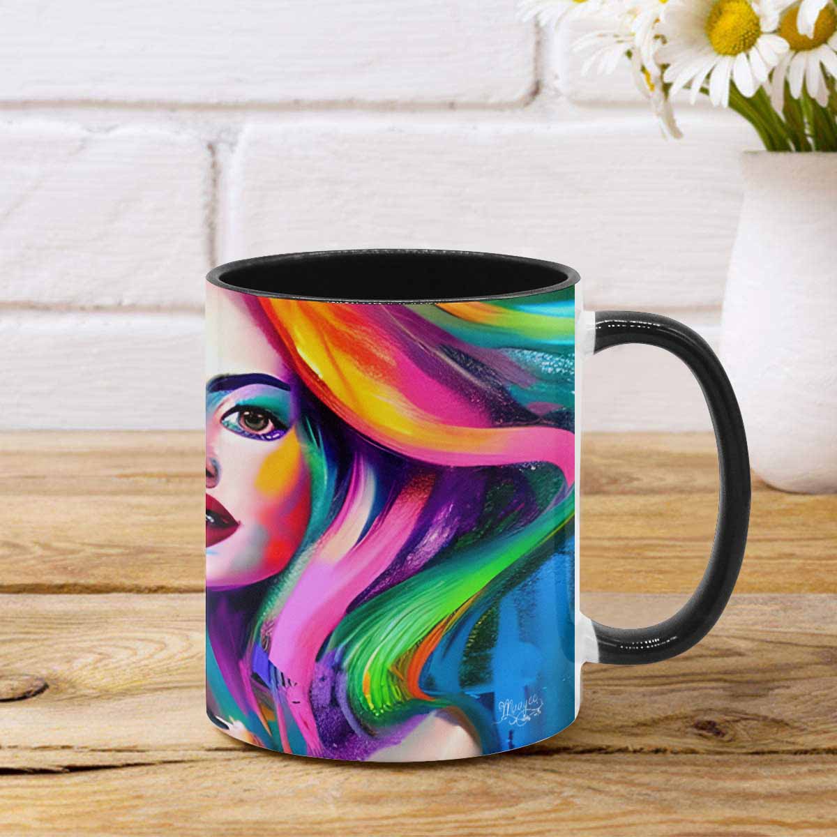 Coffee mug, tea cup, multicolor mug, caucasian type face, design 20