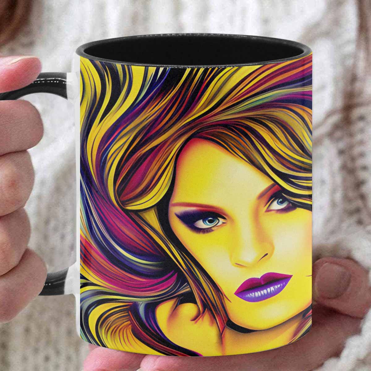 Coffee mug, tea cup, multicolor mug, caucasian type face, design 27