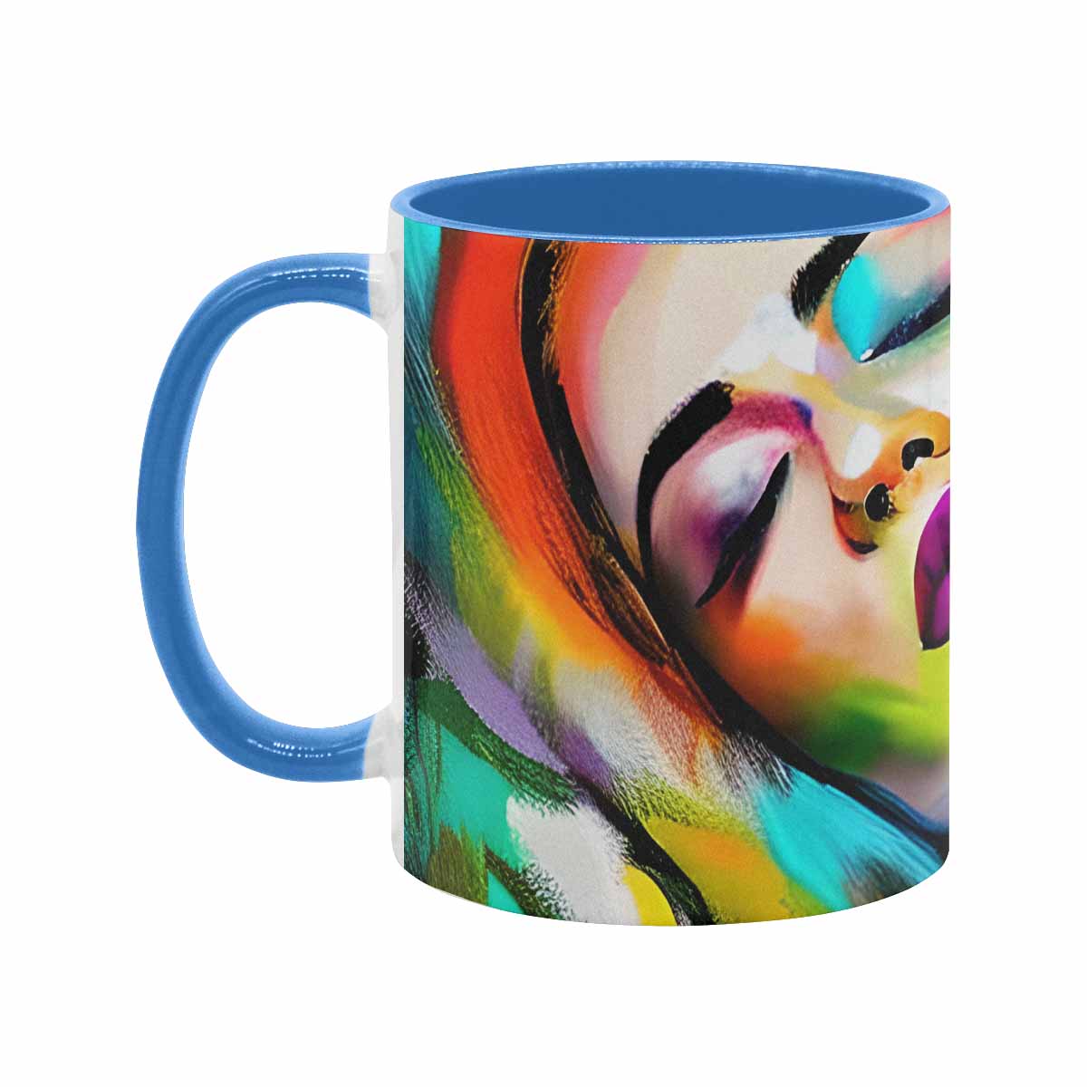 Coffee mug, tea cup, multicolor mug, caucasian type face, design 24