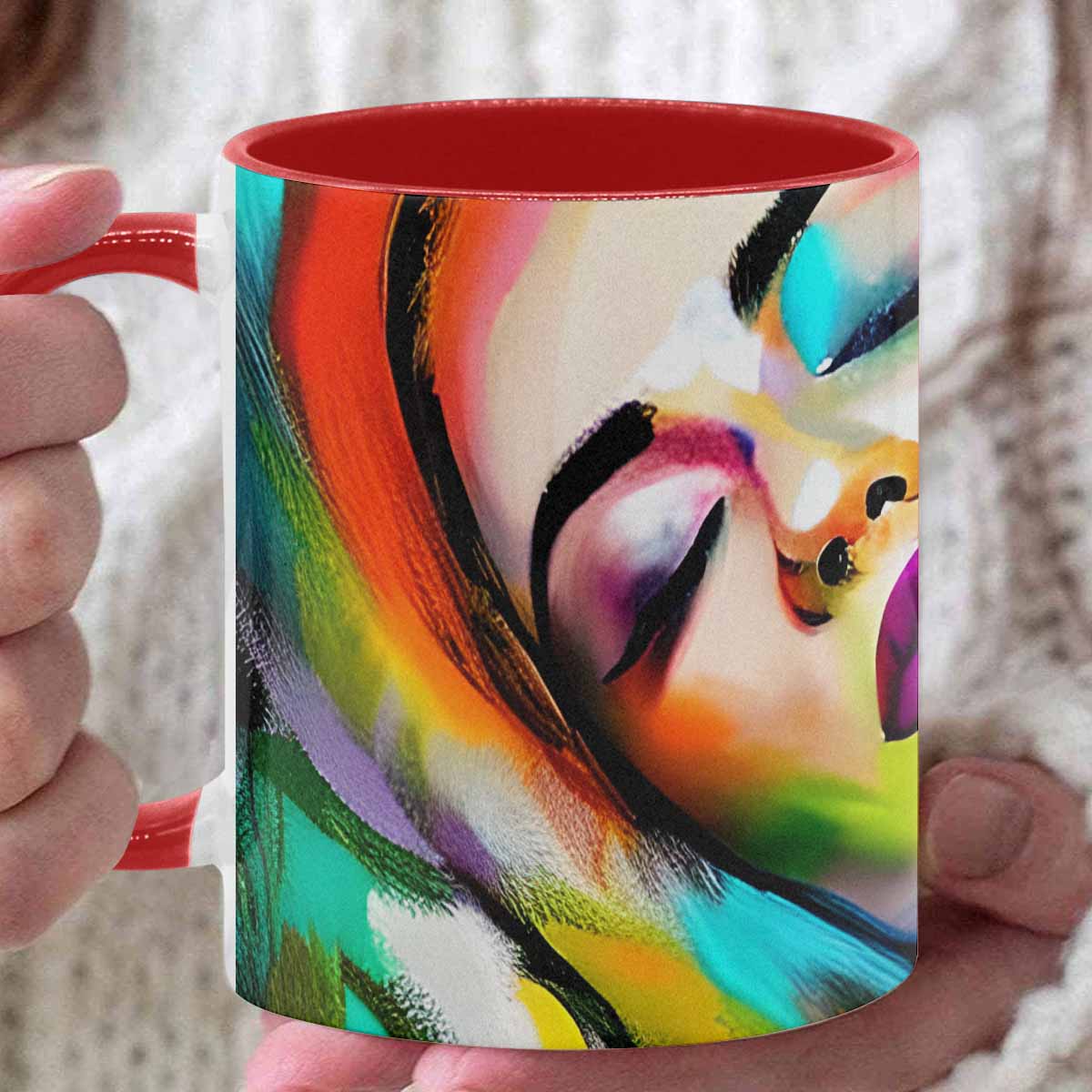 Coffee mug, tea cup, multicolor mug, caucasian type face, design 24