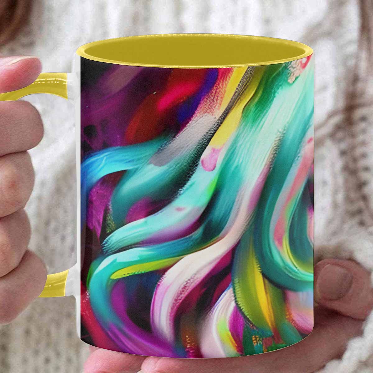 Coffee mug, tea cup, multicolor mug, caucasian type face, design 21