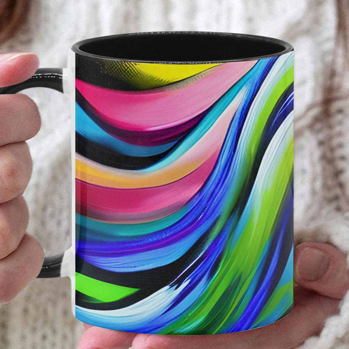 Coffee mug, tea cup, multicolor mug, caucasian type face, design 25