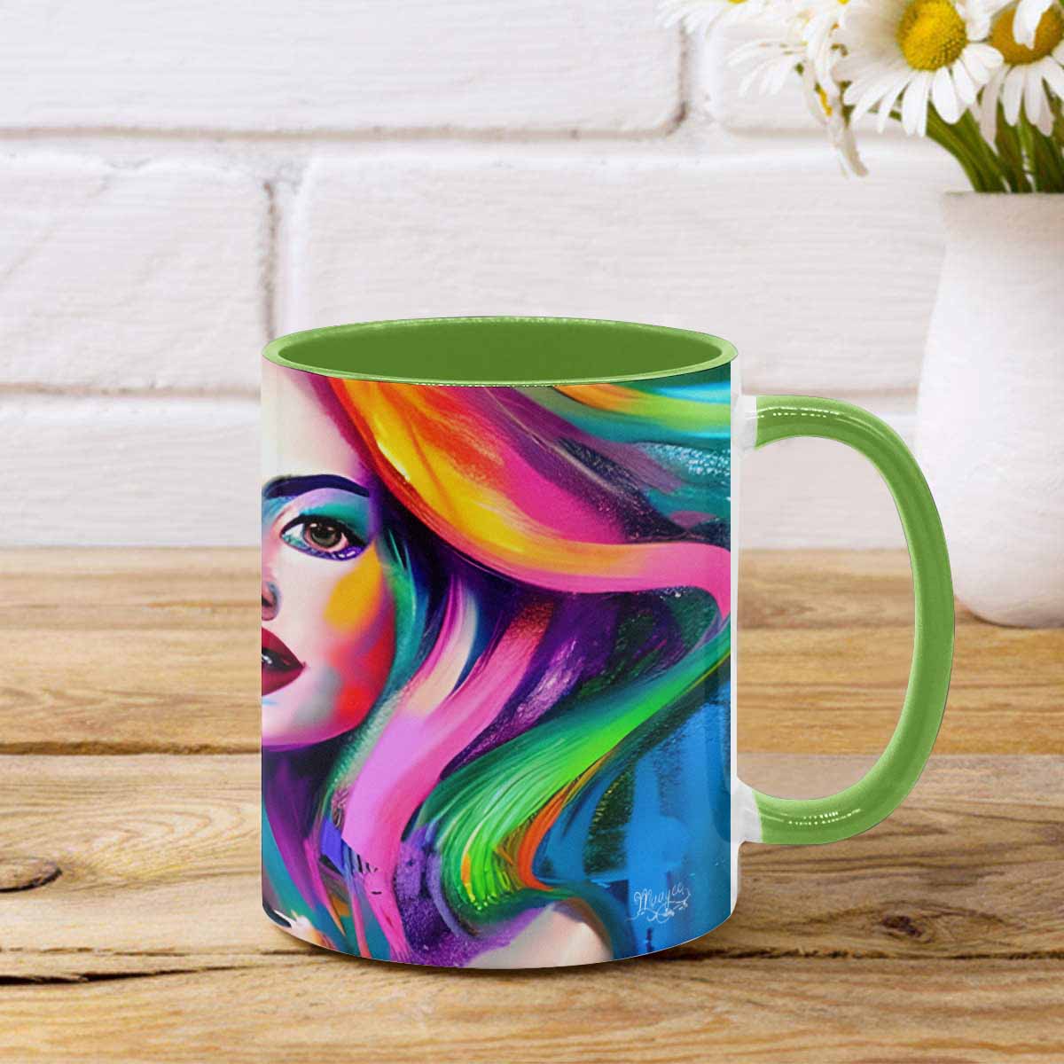 Coffee mug, tea cup, multicolor mug, caucasian type face, design 20