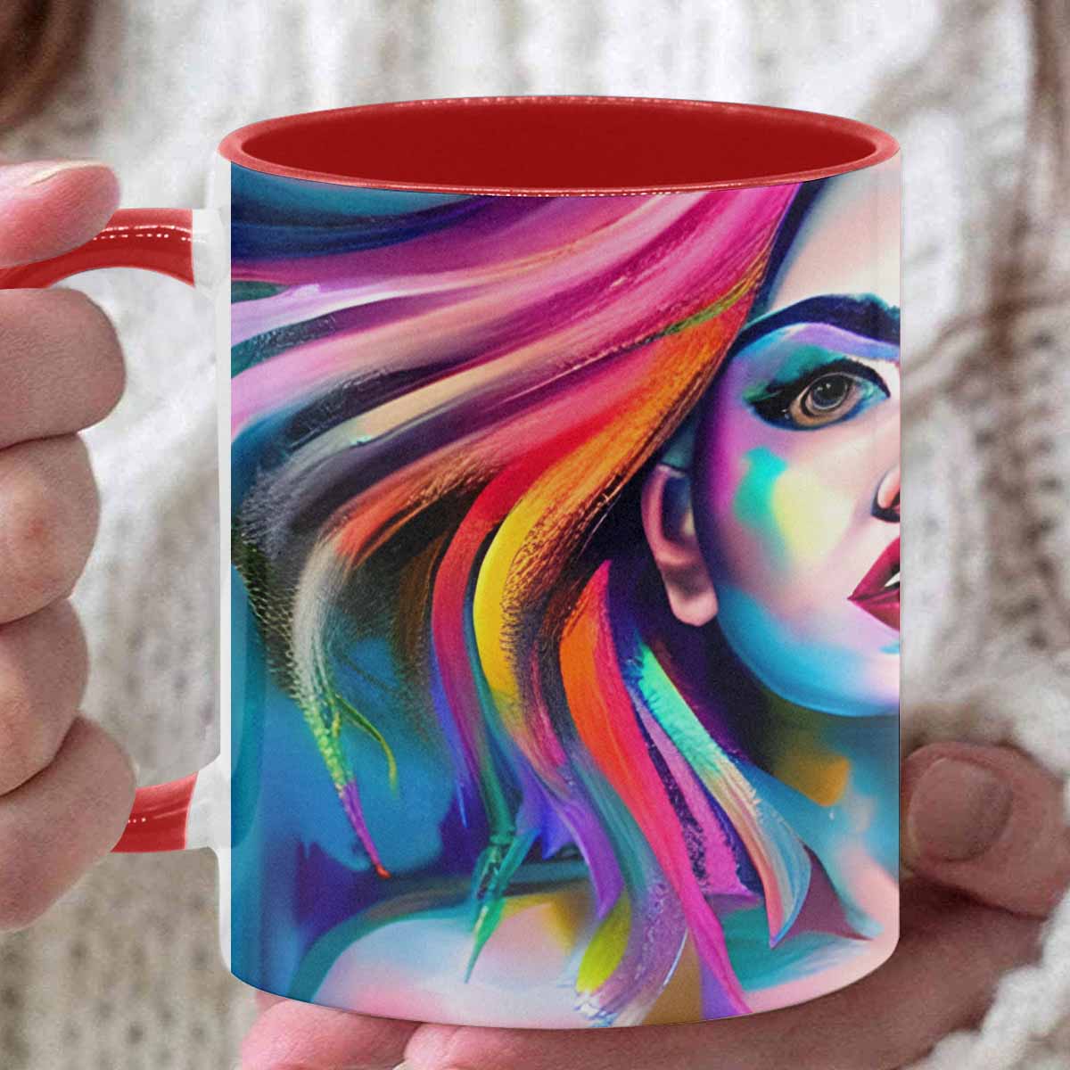 Coffee mug, tea cup, multicolor mug, caucasian type face, design 20