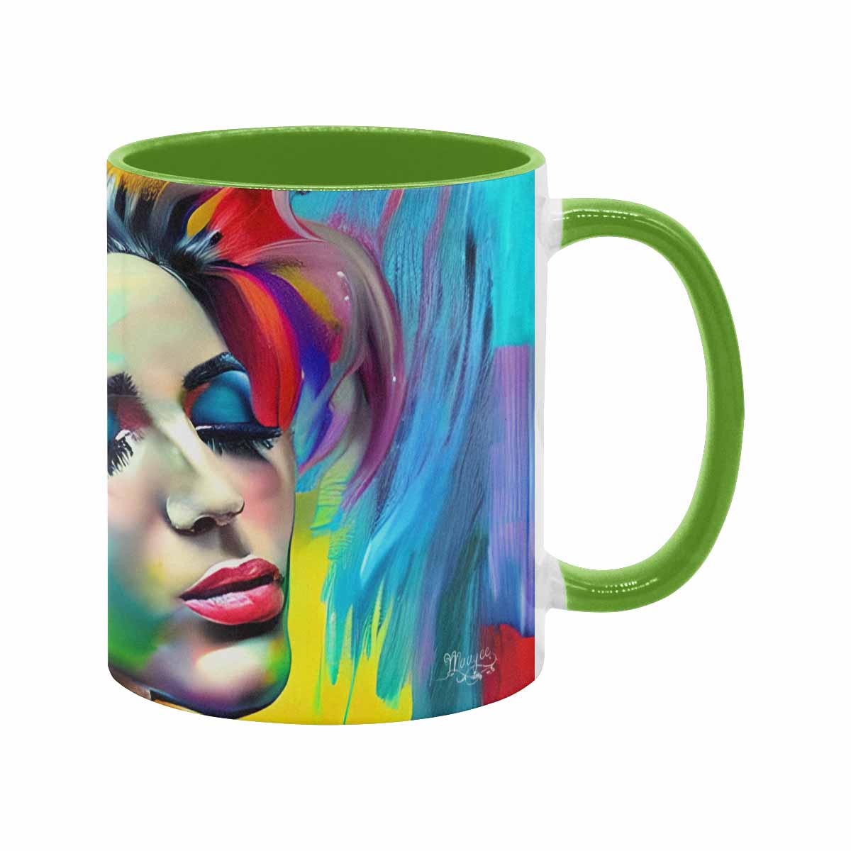 Coffee mug, tea cup, multicolor mug, caucasian type face, design 23