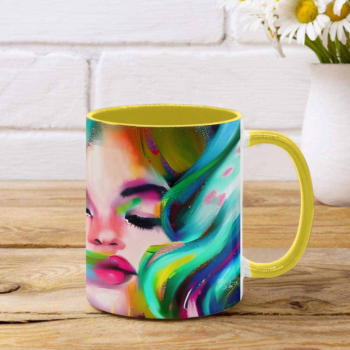 Coffee mug, tea cup, multicolor mug, caucasian type face, design 21