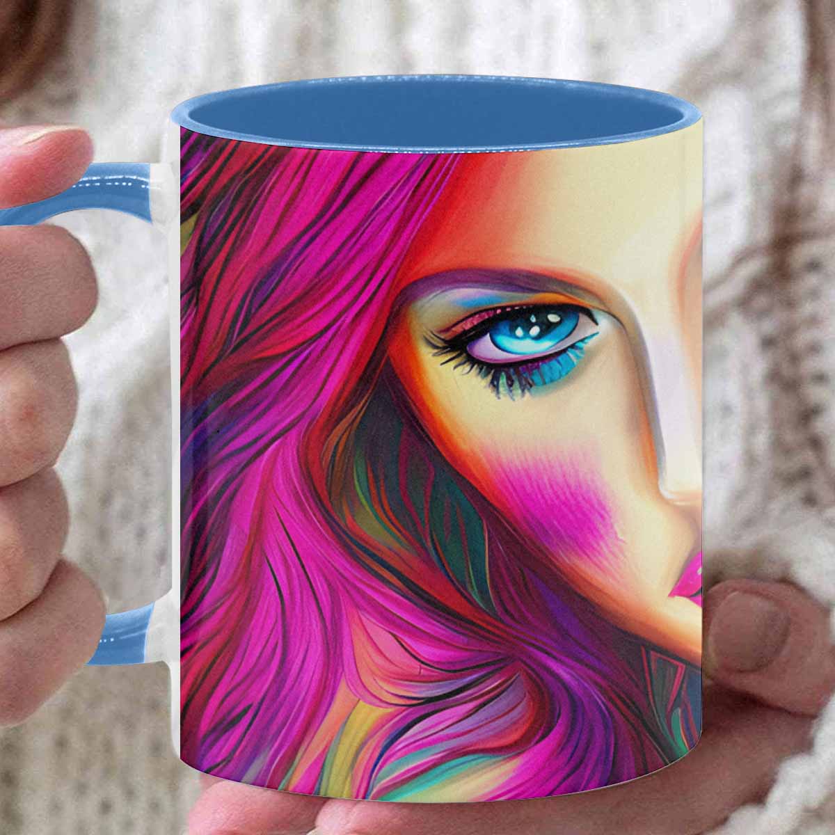 Coffee mug, tea cup, multicolor mug, caucasian type face, design 31