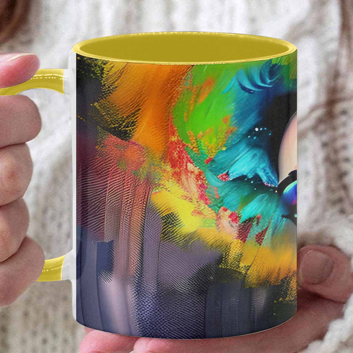 Coffee mug, tea cup, multicolor mug, caucasian type face, design 26