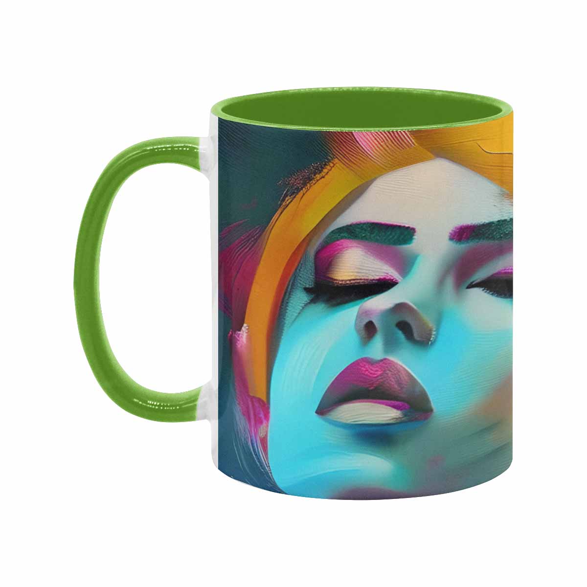 Coffee mug, tea cup, multicolor mug, caucasian type face, design 22