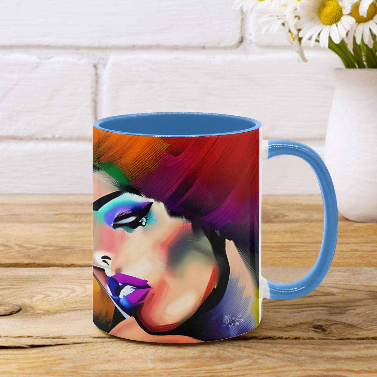 Coffee mug, tea cup, multicolor mug, caucasian type face, design 26