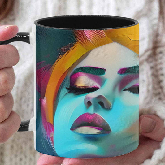 Coffee mug, tea cup, multicolor mug, caucasian type face, design 22