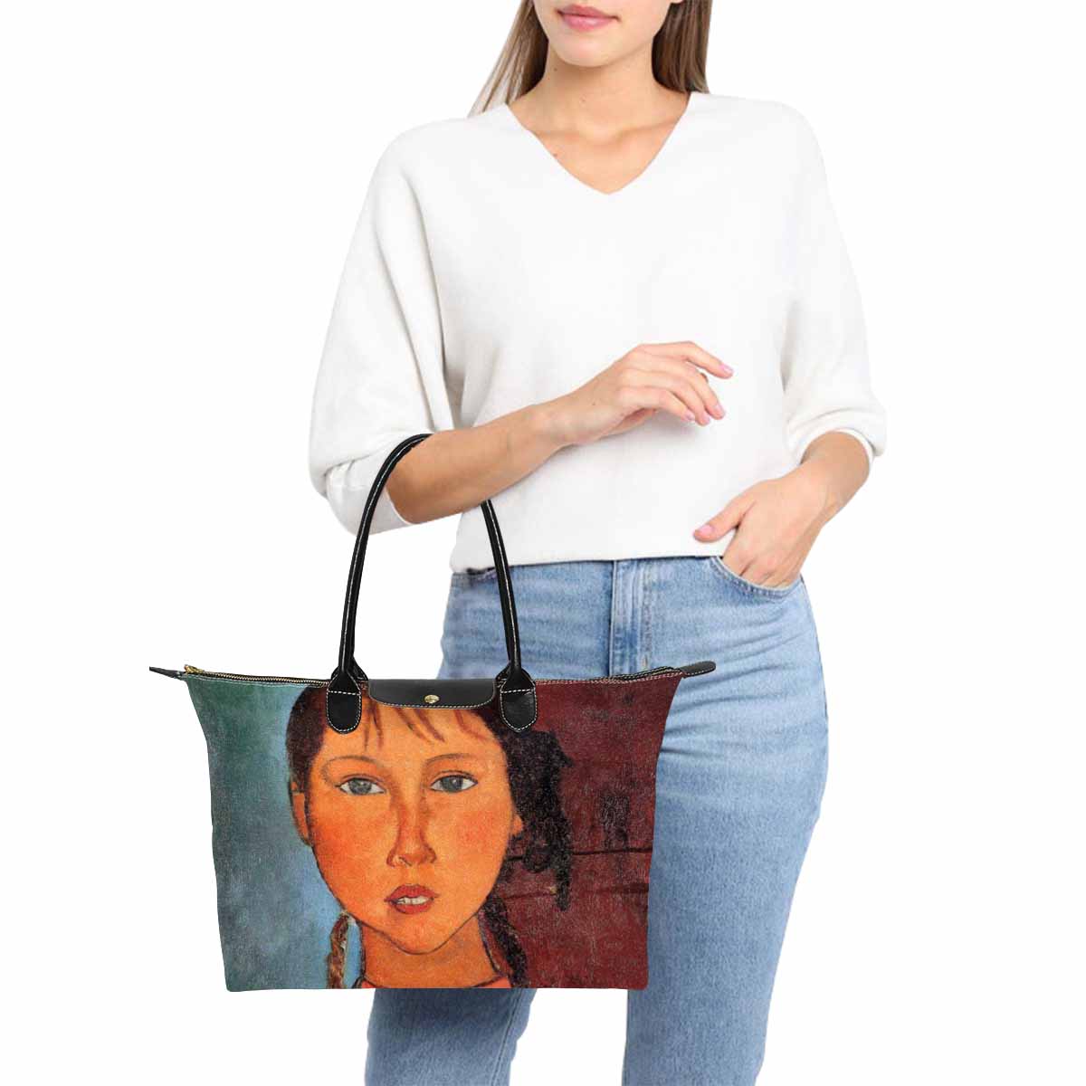 Classic handbag, Modigliani design, choice of 2 colors, Girl with plaits