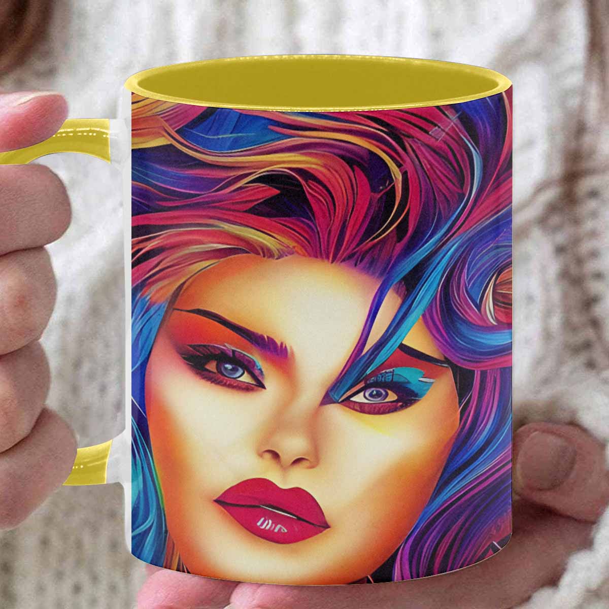 Coffee mug, tea cup, multicolor mug, caucasian type face, design 33