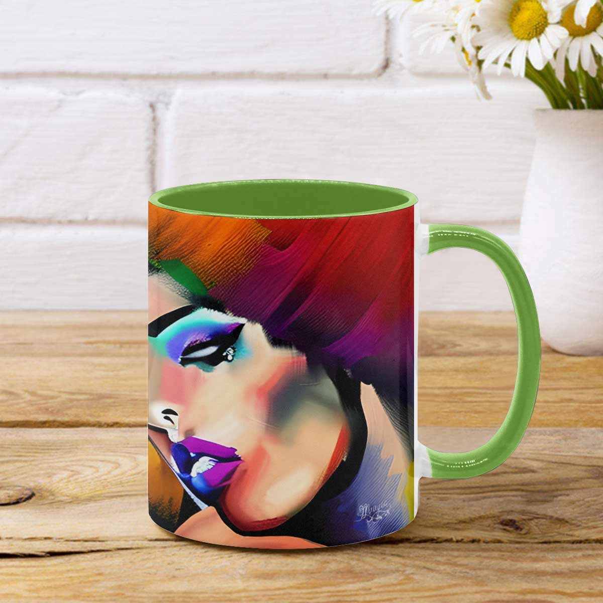 Coffee mug, tea cup, multicolor mug, caucasian type face, design 26