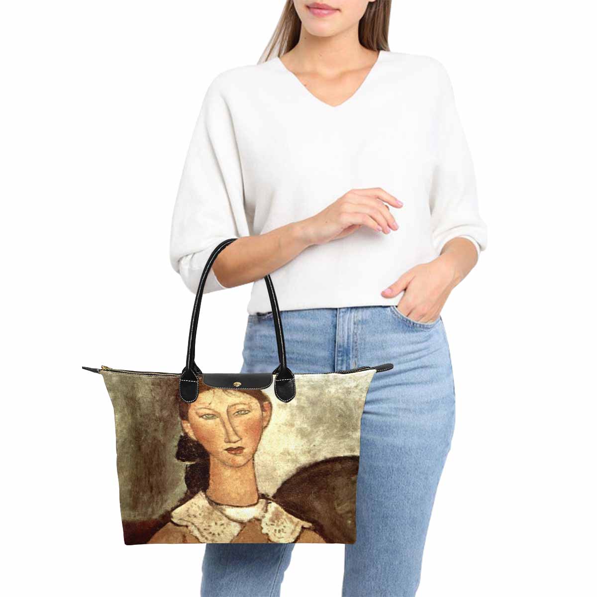 Classic handbag, Modigliani design, choice of 2 colors, Girl in a yellow dress