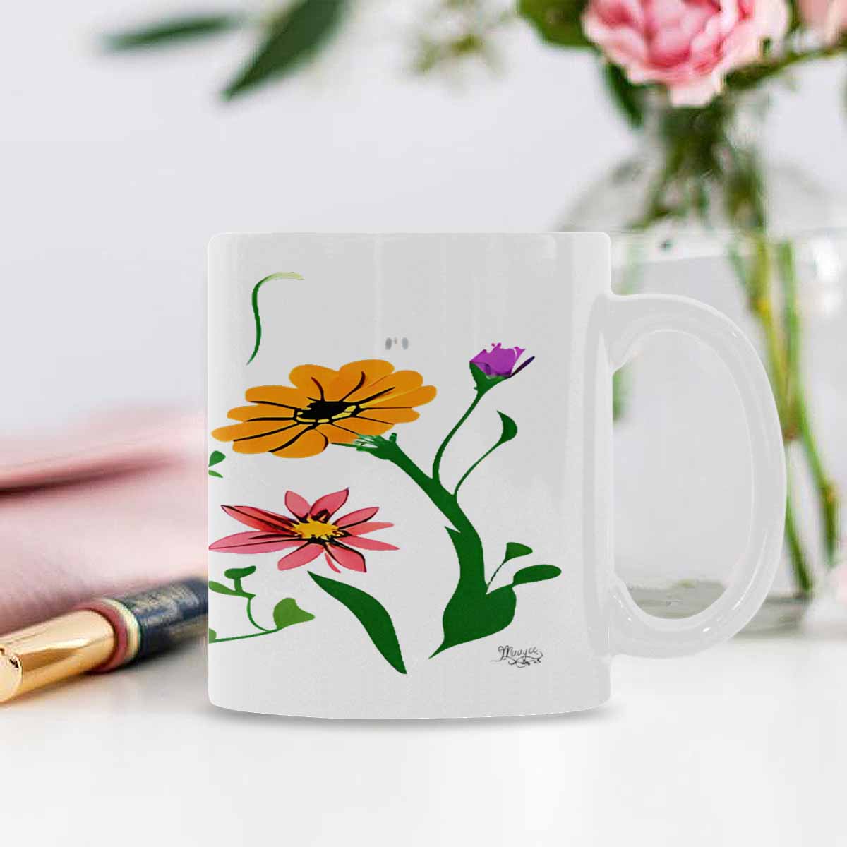 USA made Quality Mug, coffee mug, tea cup, Bright florals, Set 2, design 92