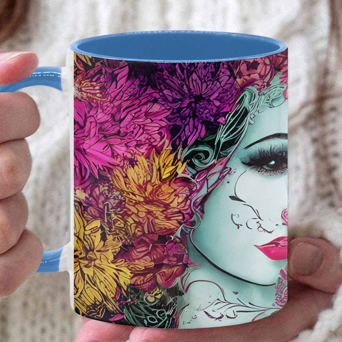 Coffee mug, tea cup, multicolor mug, caucasian type face, design 32