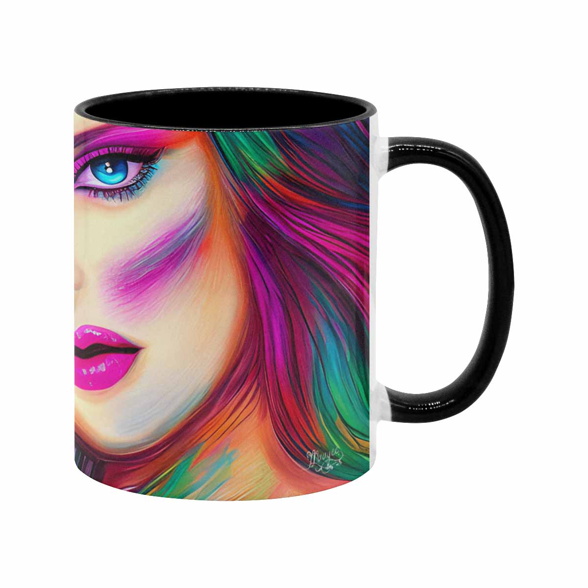 Coffee mug, tea cup, multicolor mug, caucasian type face, design 31