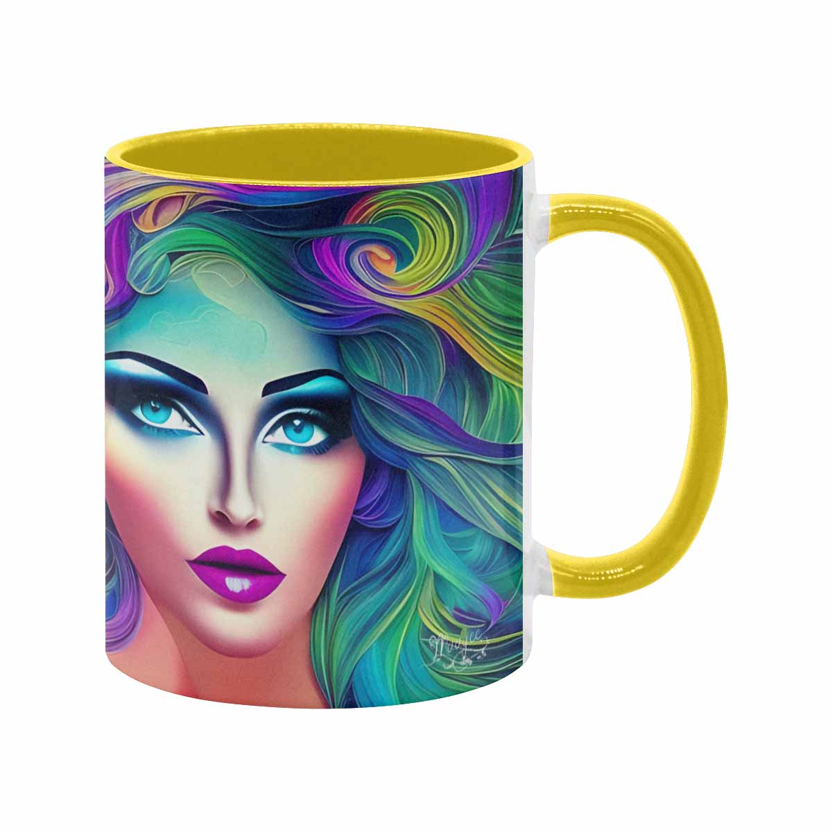 Coffee mug, tea cup, multicolor mug, caucasian type face, design 29